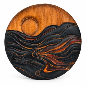 Carved Wood Wall Art — Round Sun & Waves 3D Relief, Hand-Painted