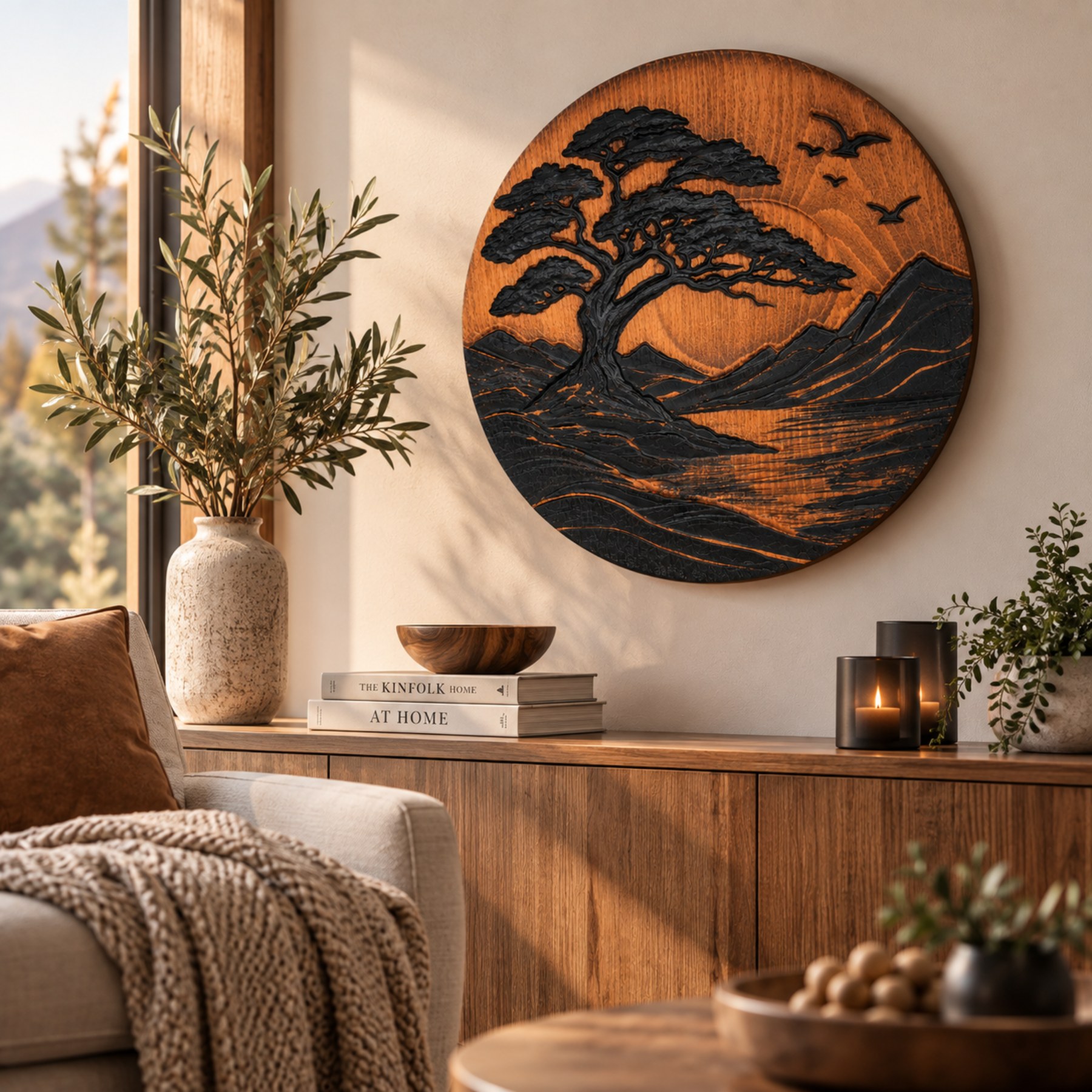 Carved Wood Wall Art — Round Tree & Sun 3D Relief, Hand-Painted - Image 2