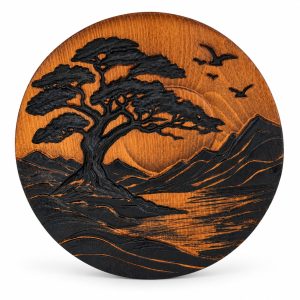 Carved Wood Wall Art — Round Tree & Sun 3D Relief, Hand-Painted