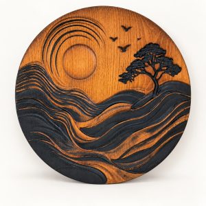 Tree of life wall art — round 3D beech wood relief with sunset and birds, handmade
