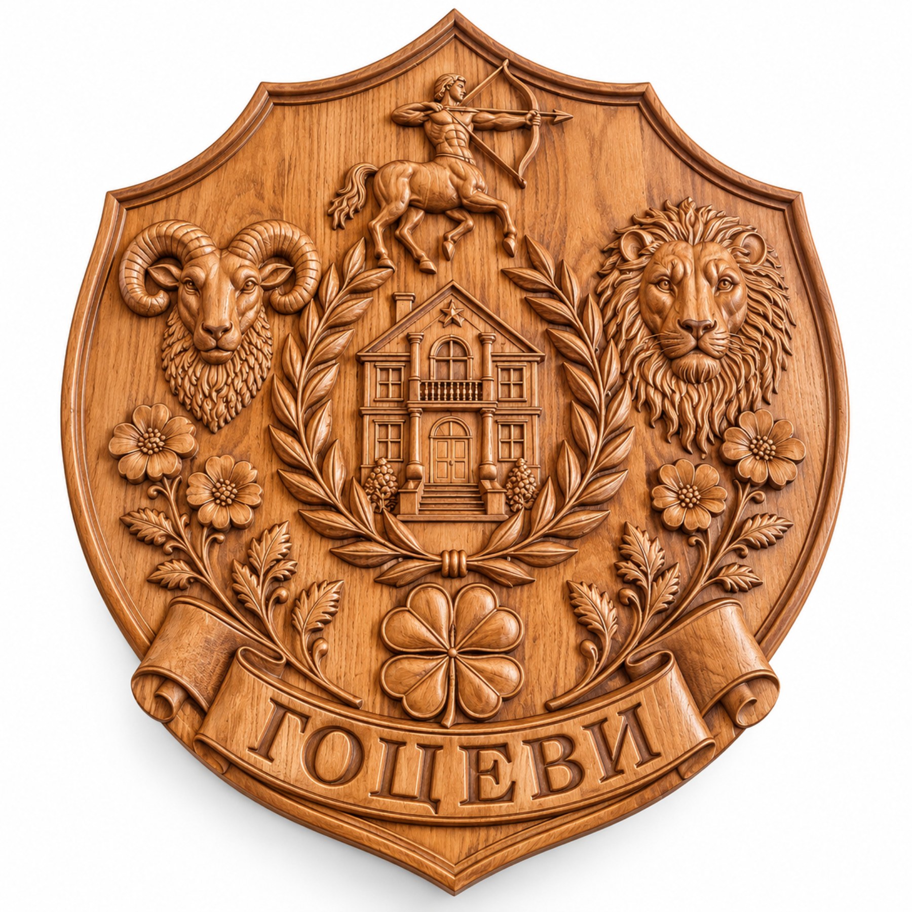 Фамилен герб по снимка — дърворезба от бук (Гоцеви)