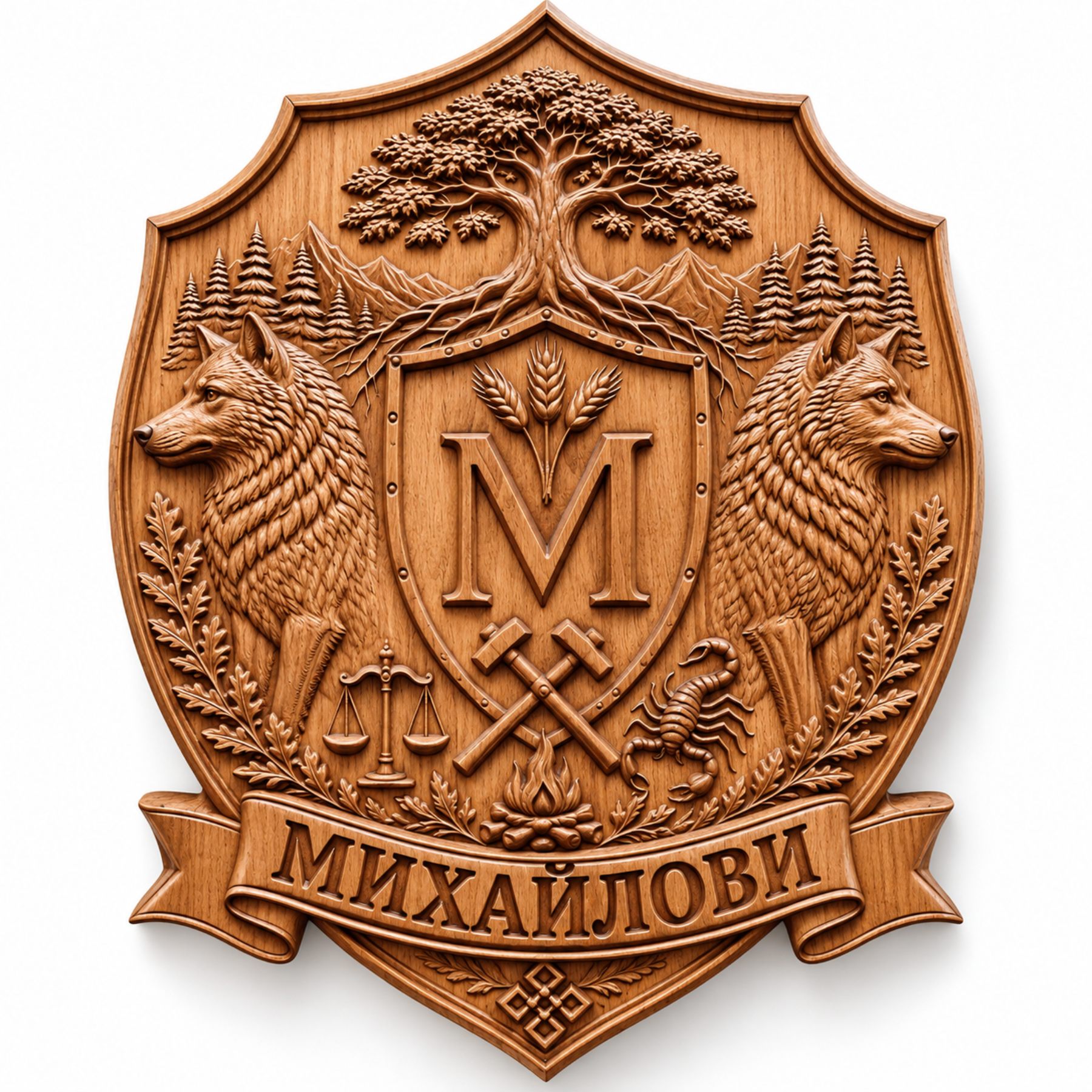 Фамилен герб по снимка — дърворезба от бук (Михайлови)